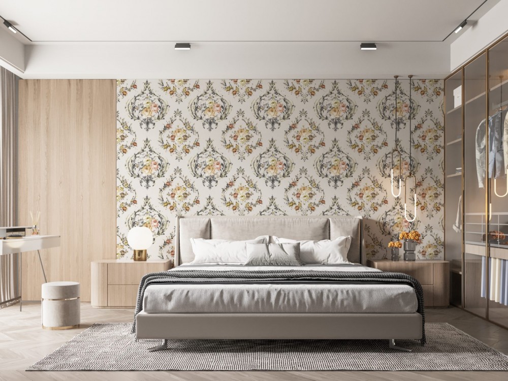 Vintage Damask Çerceveli Pastel Gül Çiçek Buketi Duvar Kağıdı