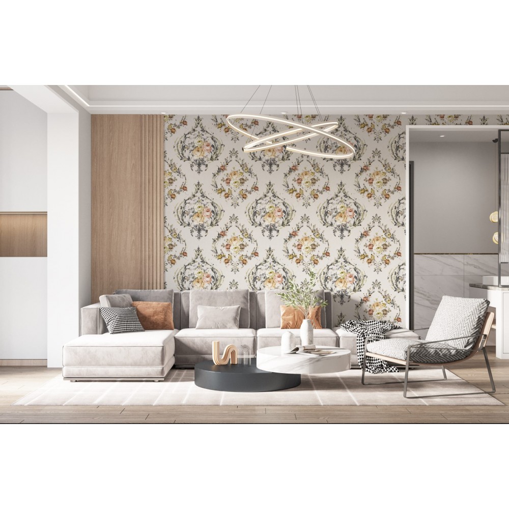 Vintage Damask Çerceveli Pastel Gül Çiçek Buketi Duvar Kağıdı