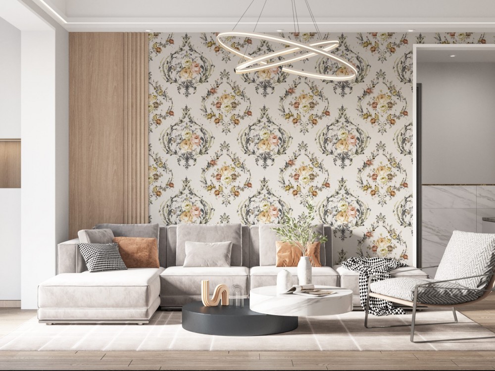 Vintage Damask Çerceveli Pastel Gül Çiçek Buketi Duvar Kağıdı