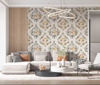 Vintage Damask Çerceveli Pastel Gül Çiçek Buketi Duvar Kağıdı