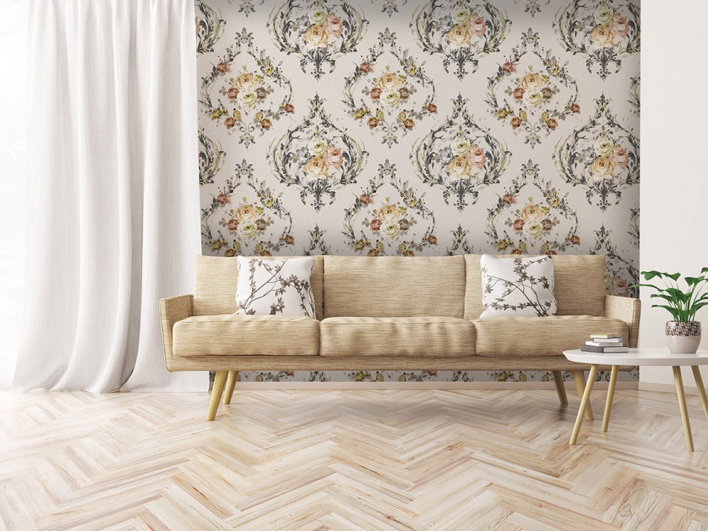 Vintage Damask Çerceveli Pastel Gül Çiçek Buketi Duvar Kağıdı