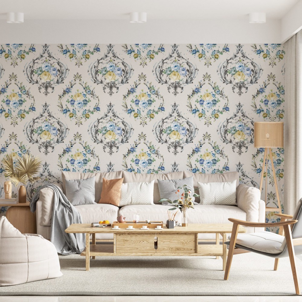 Vintage Damask Çerçeveli Pastel Çiçek Buketi Duvar Kağıdı