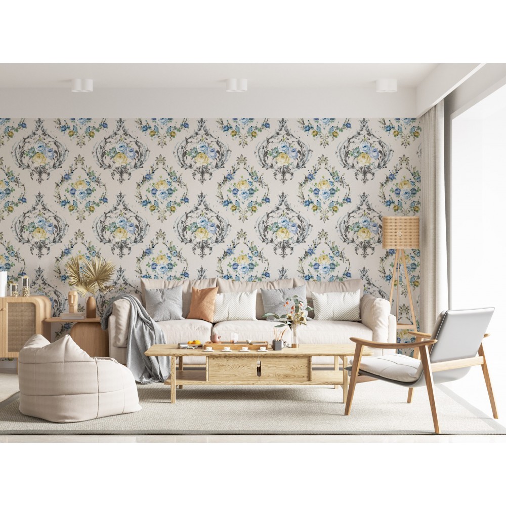 Vintage Damask Çerçeveli Pastel Çiçek Buketi Duvar Kağıdı