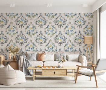 Vintage Damask Çerçeveli Pastel Çiçek Buketi Duvar Kağıdı