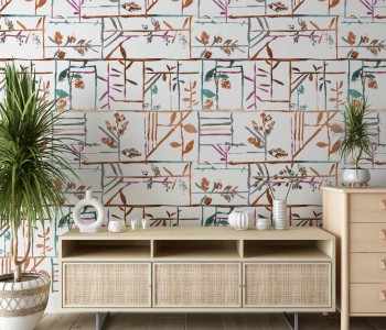 Geometrik Bölmeli Zemin Üzerine Soyut Bitki İllüstrasyonlu Duvar Kağıdı