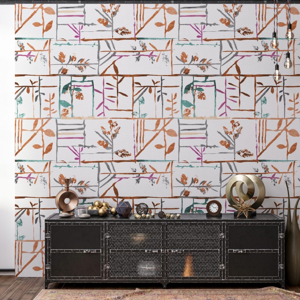 Geometrik Bölmeli Zemin Üzerine Soyut Bitki İllüstrasyonlu Duvar Kağıdı