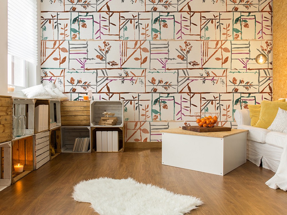 Geometrik Bölmeli Zemin Üzerine Soyut Bitki İllüstrasyonlu Duvar Kağıdı