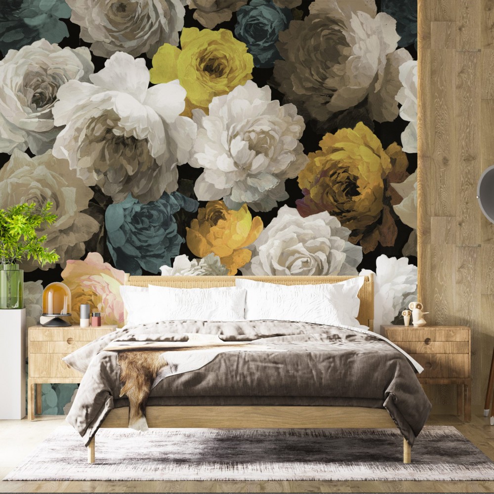 Yağlı Boya Efektli Büyük Ölçekli Dramatik Çiçekli Duvar Kağıdı