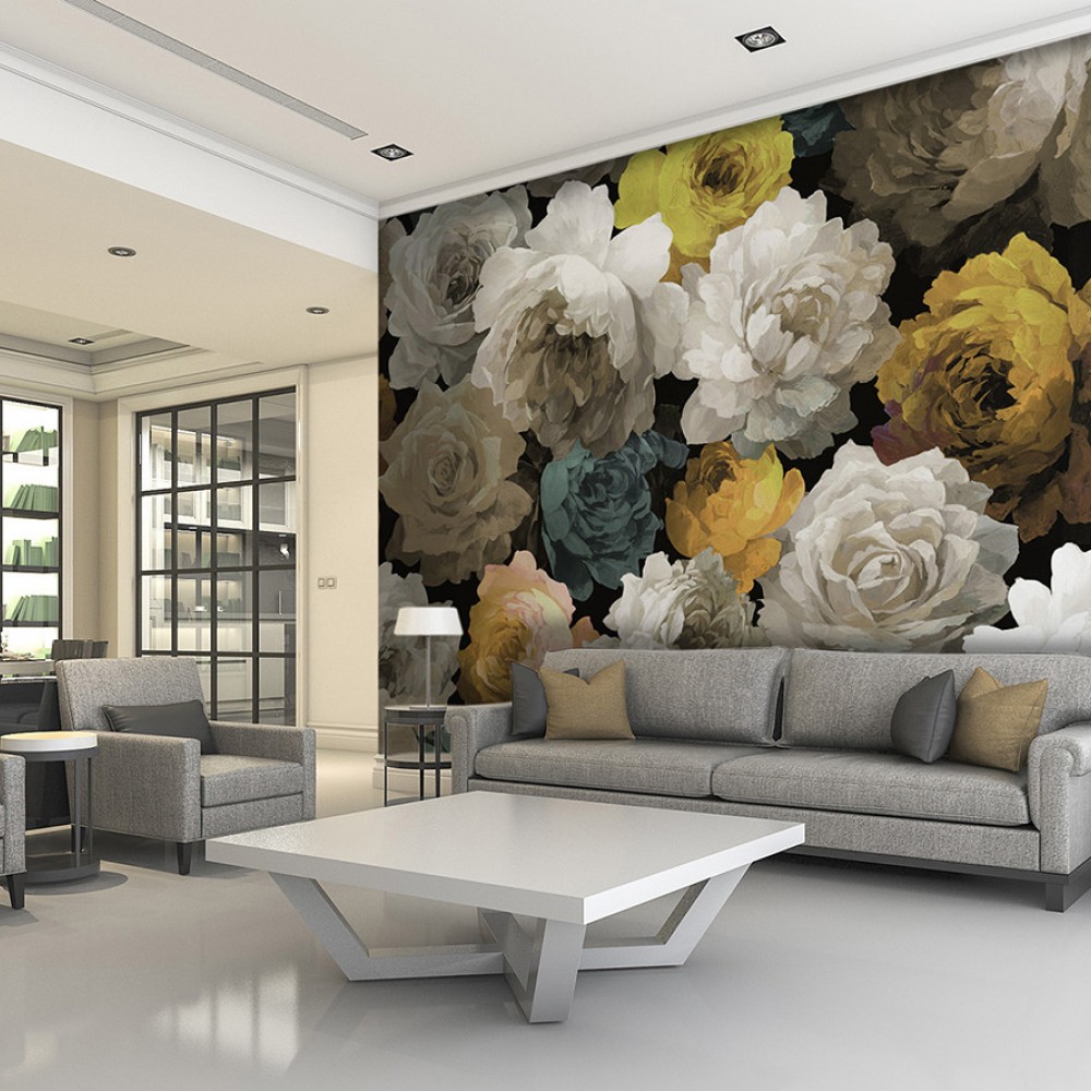 Yağlı Boya Efektli Büyük Ölçekli Dramatik Çiçekli Duvar Kağıdı