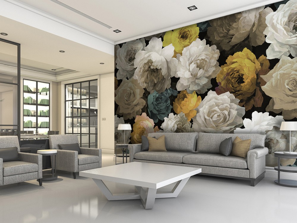 Yağlı Boya Efektli Büyük Ölçekli Dramatik Çiçekli Duvar Kağıdı