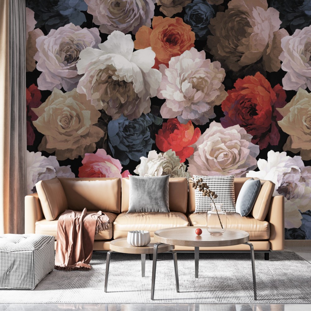 Siyah Zemin Üzerine Turuncu ve Beyaz Dev Gül Desenli Duvar Kağıdı