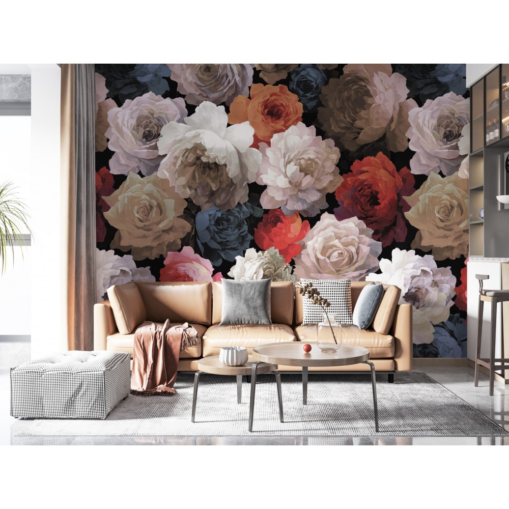 Siyah Zemin Üzerine Turuncu ve Beyaz Dev Gül Desenli Duvar Kağıdı