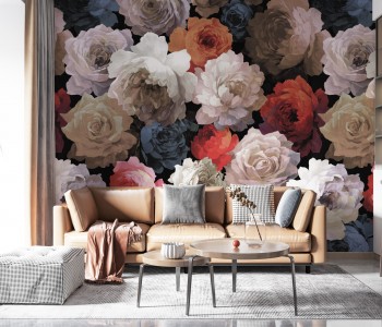 Siyah Zemin Üzerine Turuncu ve Beyaz Dev Gül Desenli Duvar Kağıdı
