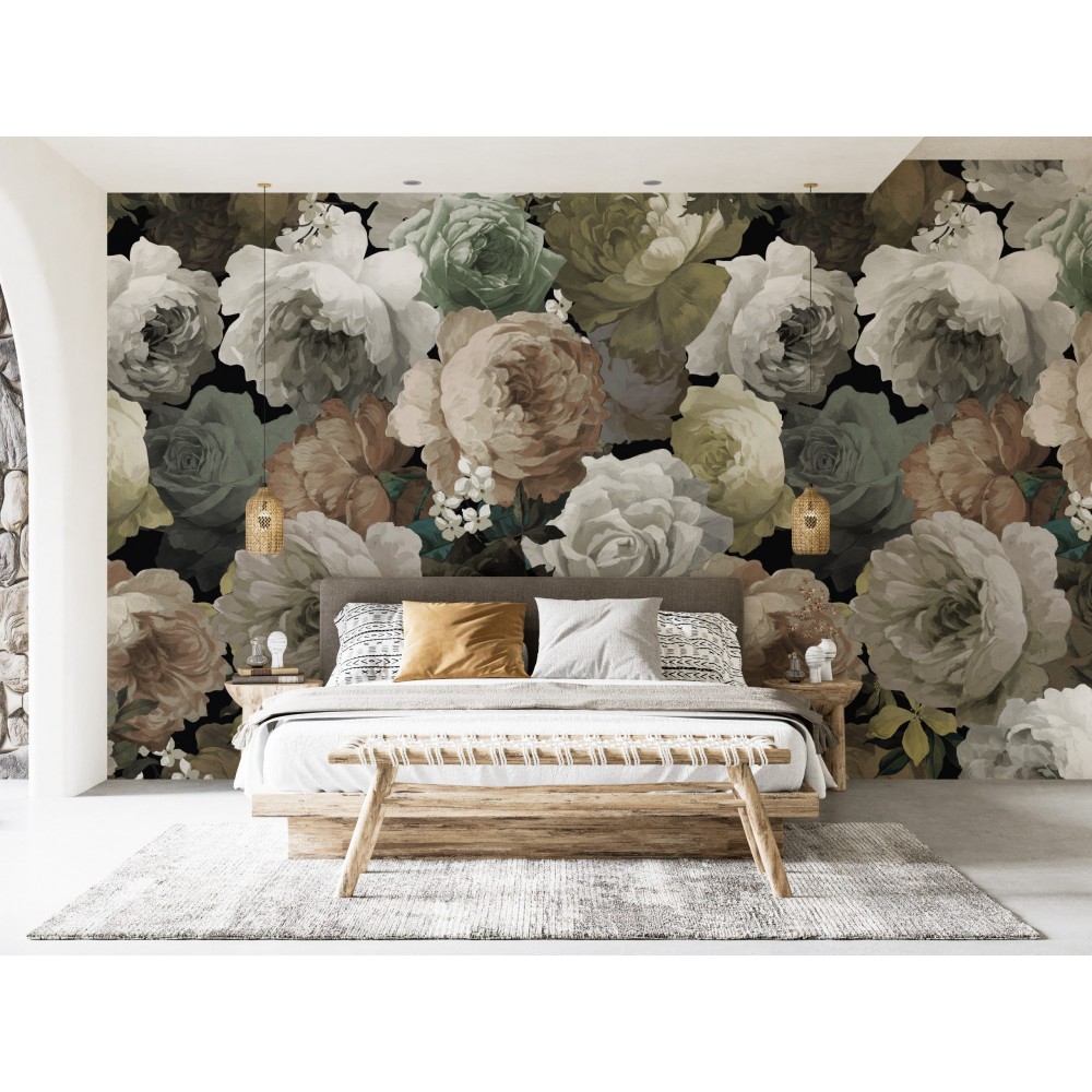 Barok Stil Sanatsal Yağlı Boya Efektli Çiçekli Duvar Kağıdı
