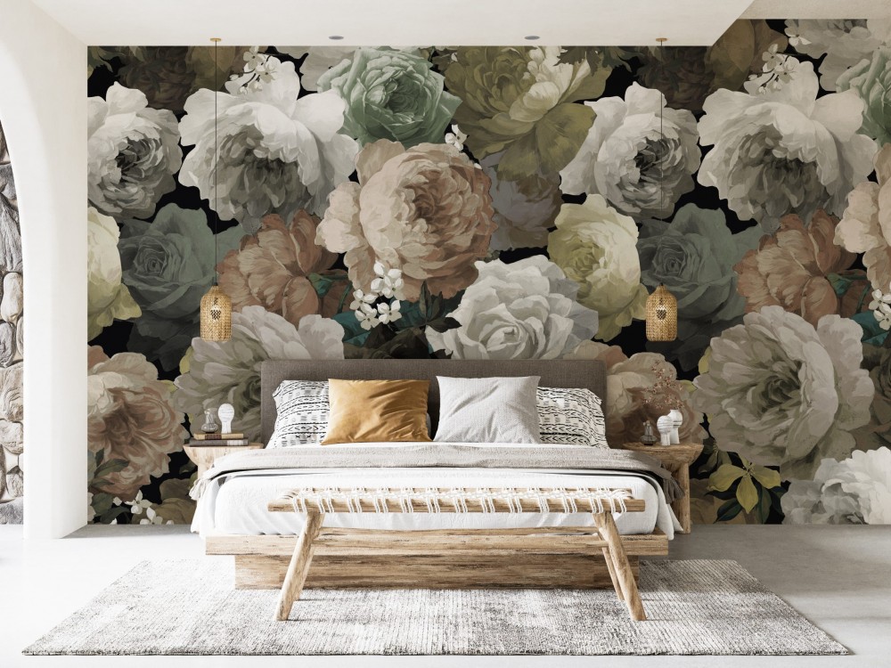 Barok Stil Sanatsal Yağlı Boya Efektli Çiçekli Duvar Kağıdı