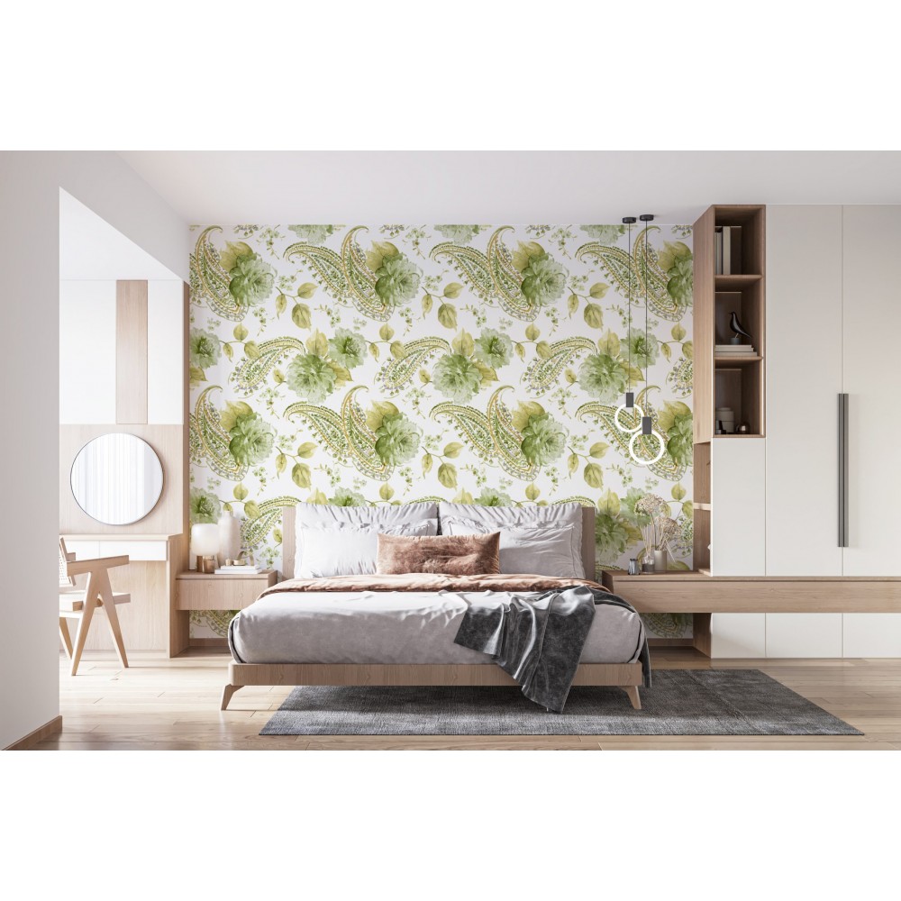 Yeşil Şal Desenli ve Büyük Çiçekli Klasik Modern Duvar Kağıdı