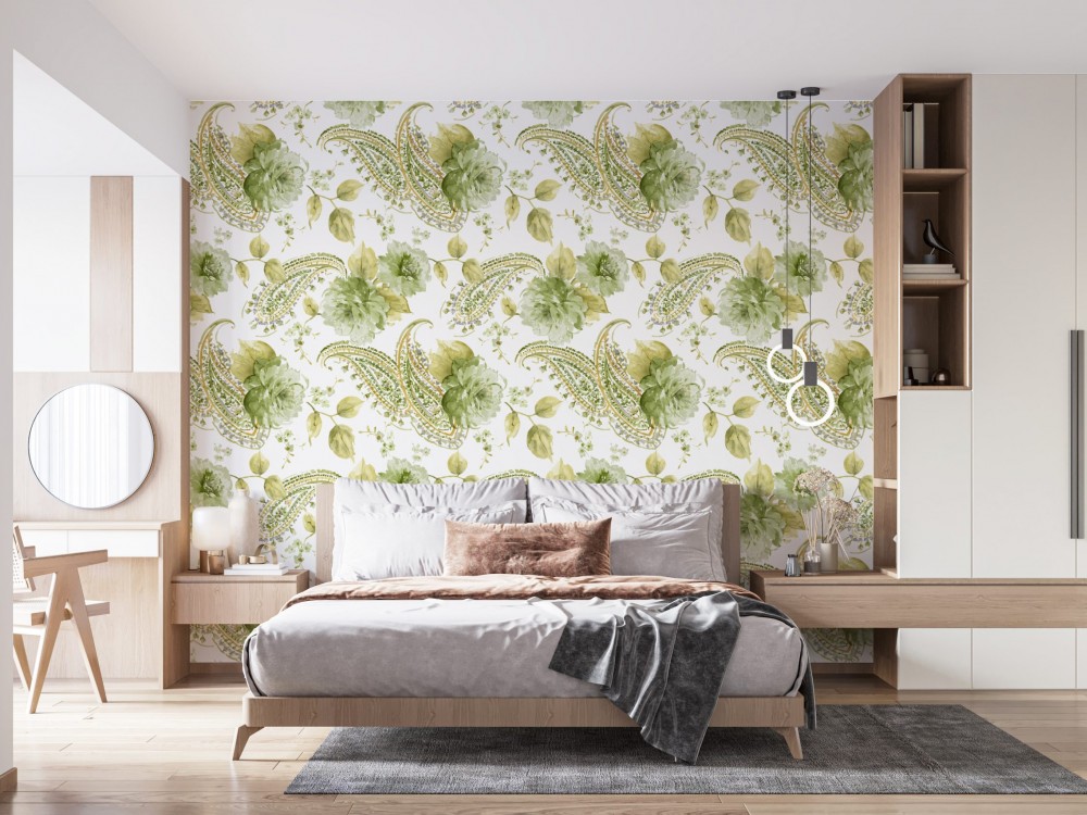 Yeşil Şal Desenli ve Büyük Çiçekli Klasik Modern Duvar Kağıdı