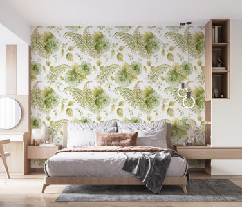 Yeşil Şal Desenli ve Büyük Çiçekli Klasik Modern Duvar Kağıdı
