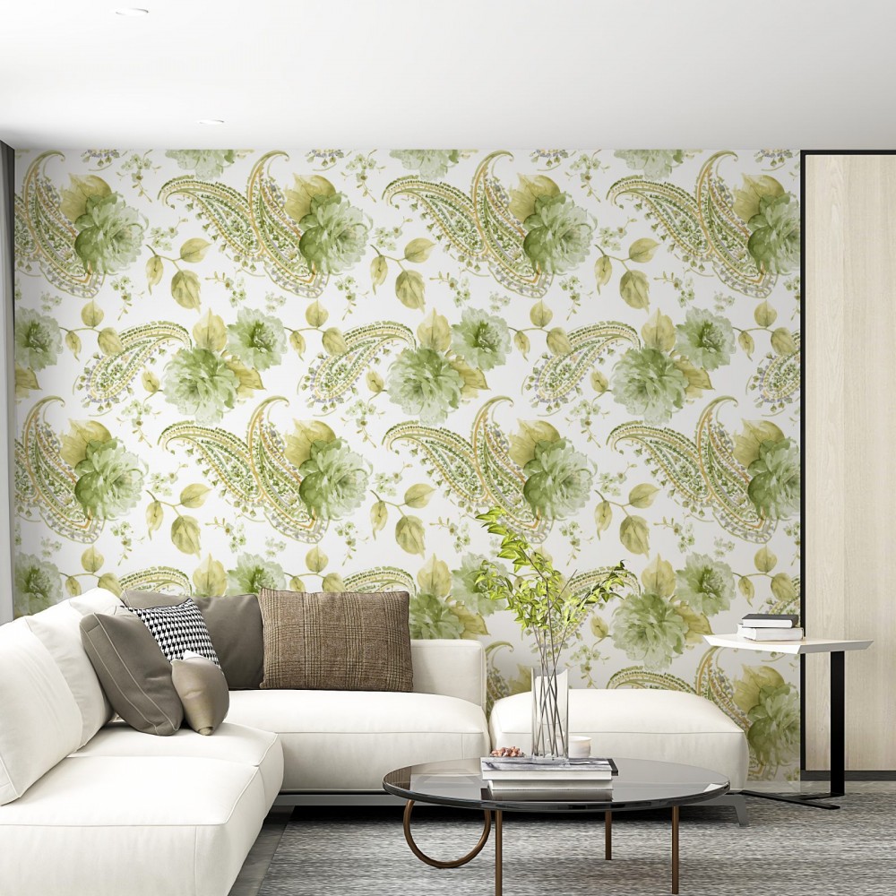 Yeşil Şal Desenli ve Büyük Çiçekli Klasik Modern Duvar Kağıdı