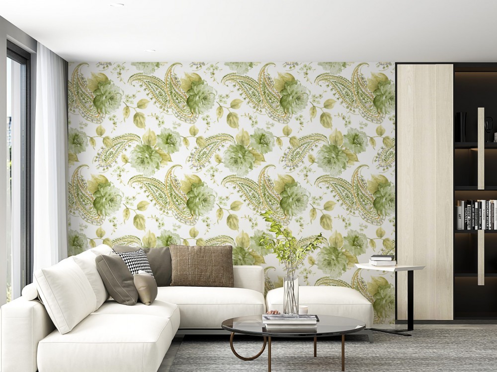 Yeşil Şal Desenli ve Büyük Çiçekli Klasik Modern Duvar Kağıdı