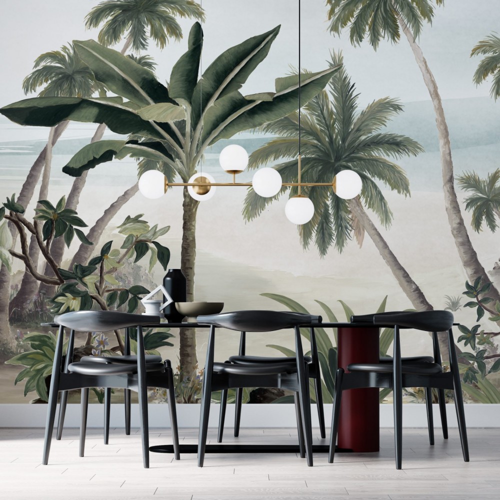 Vintage Tropikal Sahil ve Palmiye Ağaçları Tasarım Duvar Kağıdı