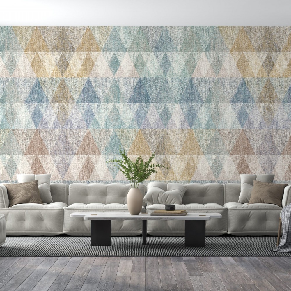 Kanvas Dokulu ve Çok Renkli Üçgen Desenli Modern Duvar Kağıdı