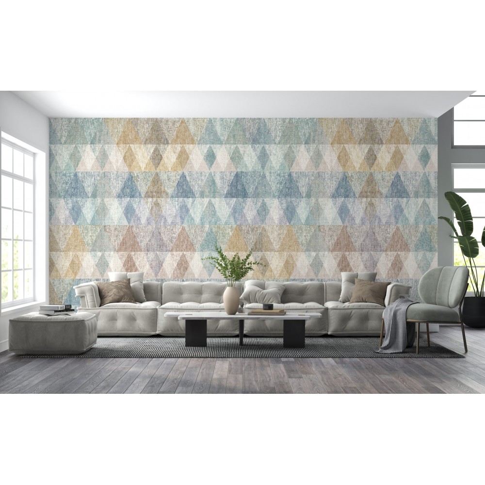 Kanvas Dokulu ve Çok Renkli Üçgen Desenli Modern Duvar Kağıdı