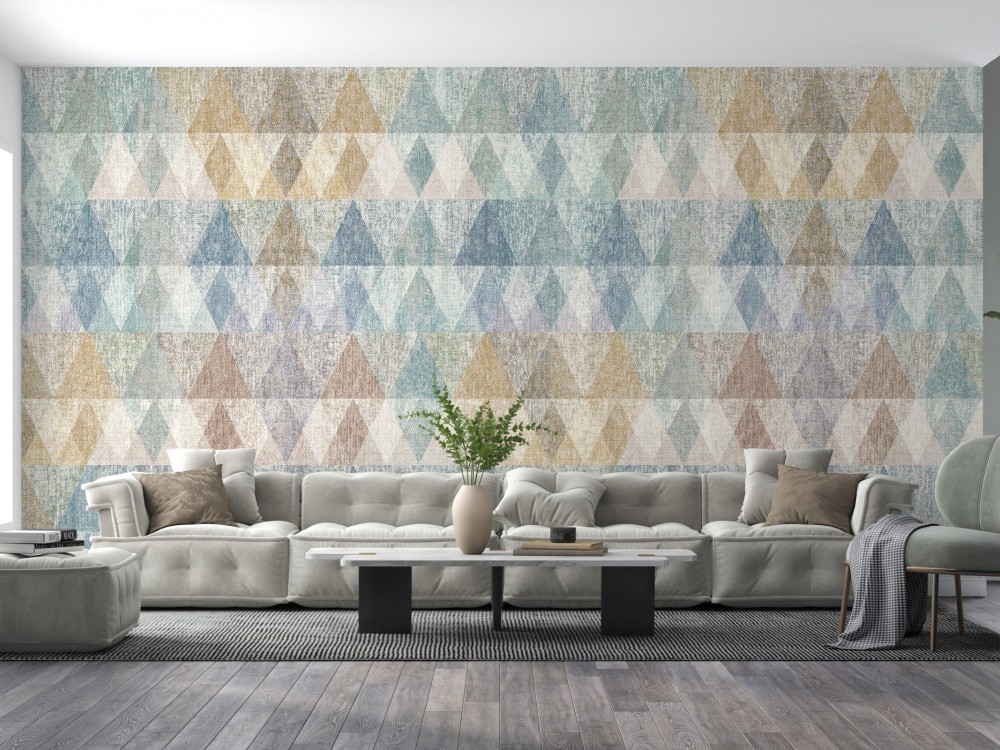 Kanvas Dokulu ve Çok Renkli Üçgen Desenli Modern Duvar Kağıdı