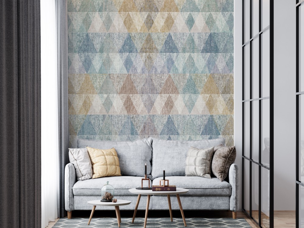 Kanvas Dokulu ve Çok Renkli Üçgen Desenli Modern Duvar Kağıdı