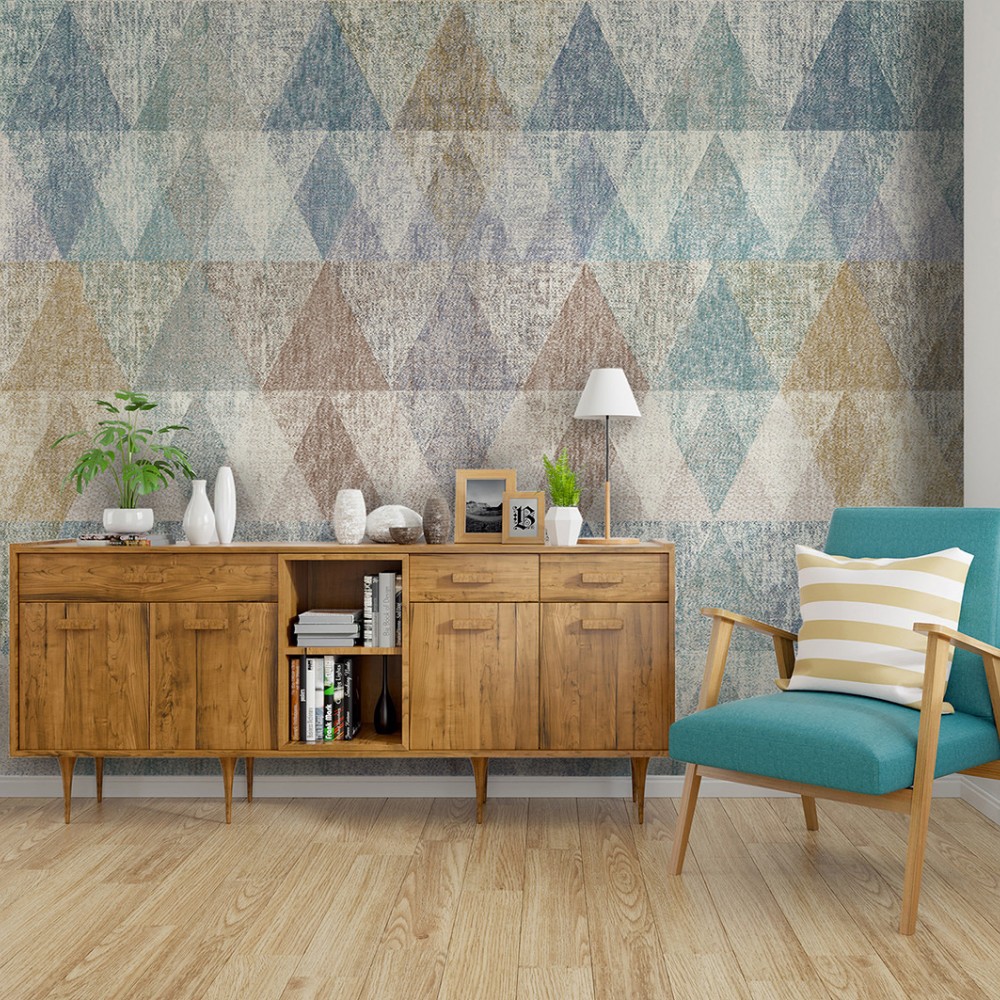 Kanvas Dokulu ve Çok Renkli Üçgen Desenli Modern Duvar Kağıdı