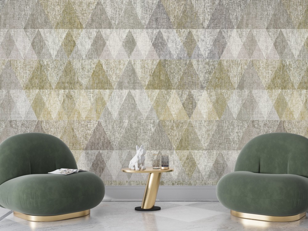 Kanvas Dokulu Vizon ve Zeytin Yeşili Geometrik Üçgen Desenli Duvar Kağıdı
