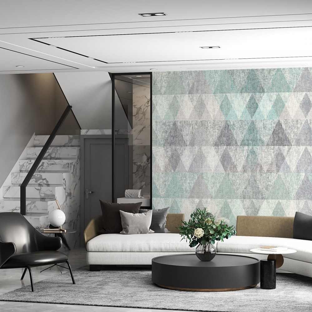 Kanvas Dokulu Turkuaz ve Gri Geometrik Üçgen Desenli Duvar Kağıdı