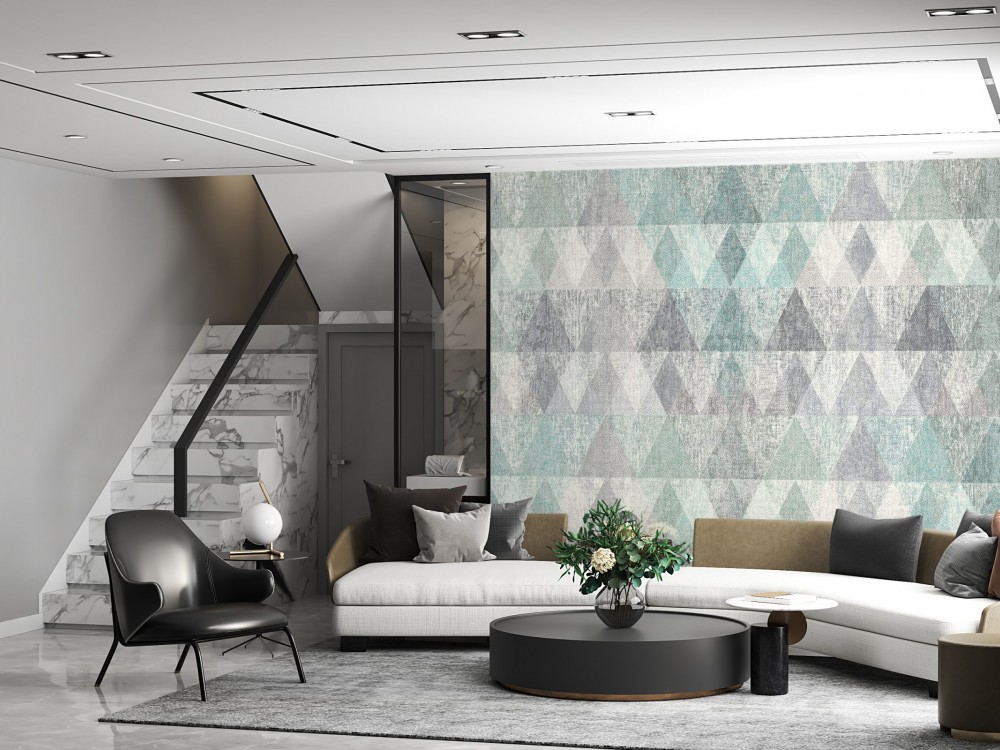 Kanvas Dokulu Turkuaz ve Gri Geometrik Üçgen Desenli Duvar Kağıdı
