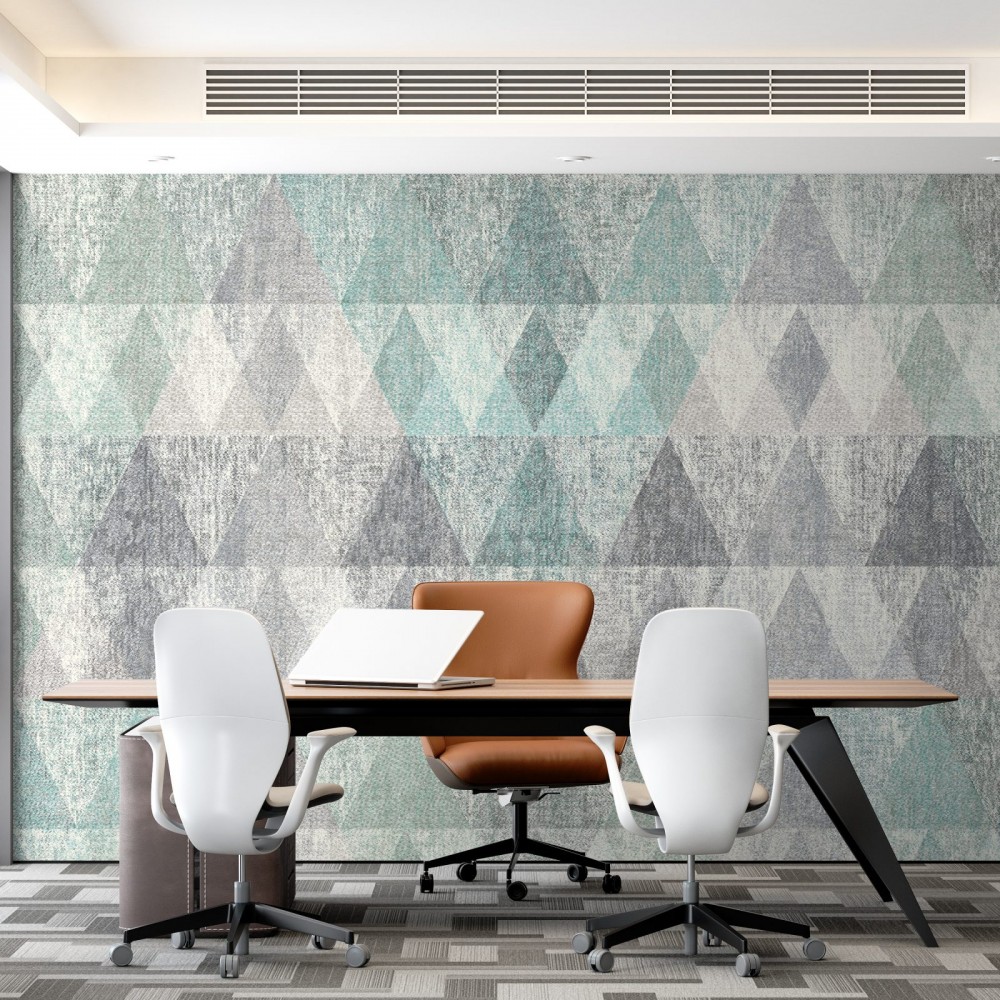 Kanvas Dokulu Turkuaz ve Gri Geometrik Üçgen Desenli Duvar Kağıdı