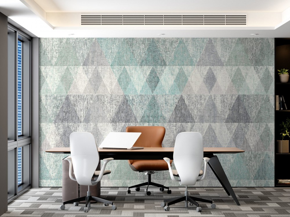 Kanvas Dokulu Turkuaz ve Gri Geometrik Üçgen Desenli Duvar Kağıdı