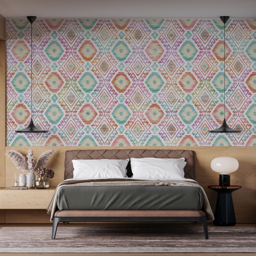 Çok Renkli Geometrik İkkat Desenli ve Kanvas Dokulu Duvar Kağıdı