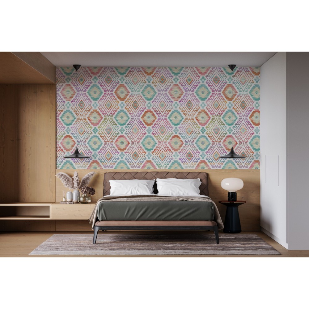 Çok Renkli Geometrik İkkat Desenli ve Kanvas Dokulu Duvar Kağıdı