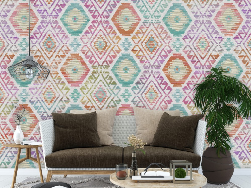 Çok Renkli Geometrik İkkat Desenli ve Kanvas Dokulu Duvar Kağıdı
