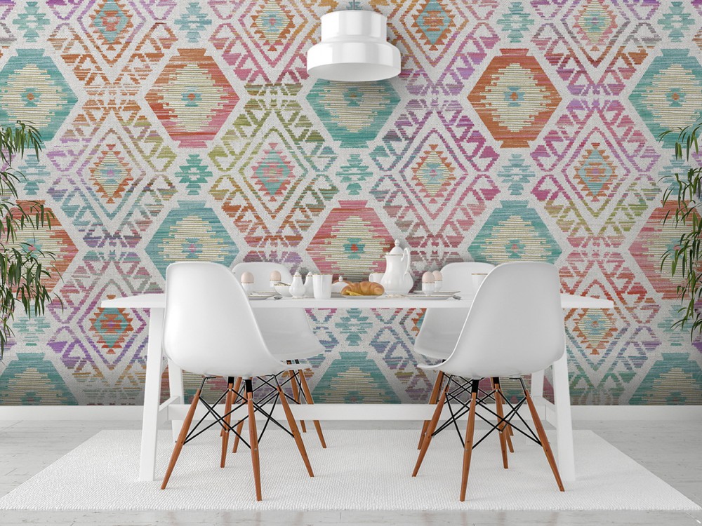 Çok Renkli Geometrik İkkat Desenli ve Kanvas Dokulu Duvar Kağıdı