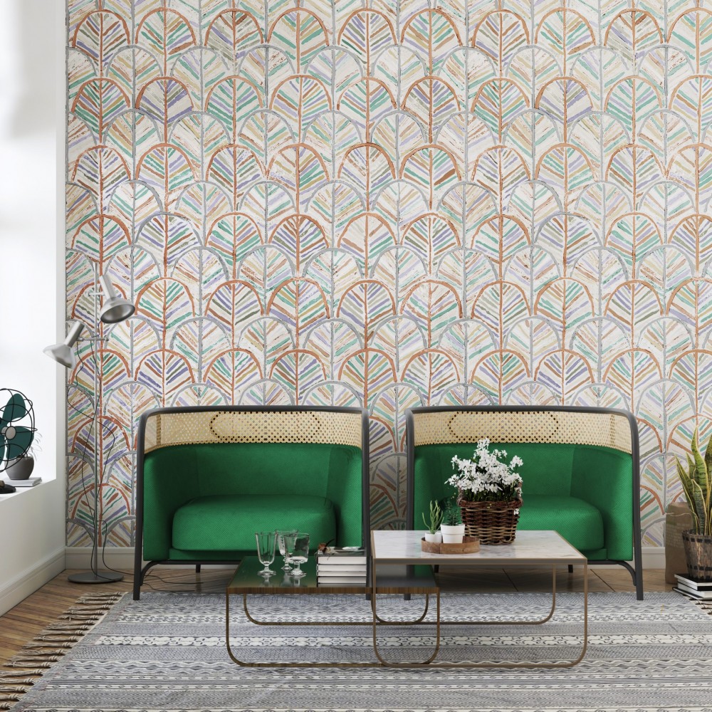 Eskitme Dokulu Yelpaze Yaprak Desenli ve Çok Renkli Duvar Kağıd
