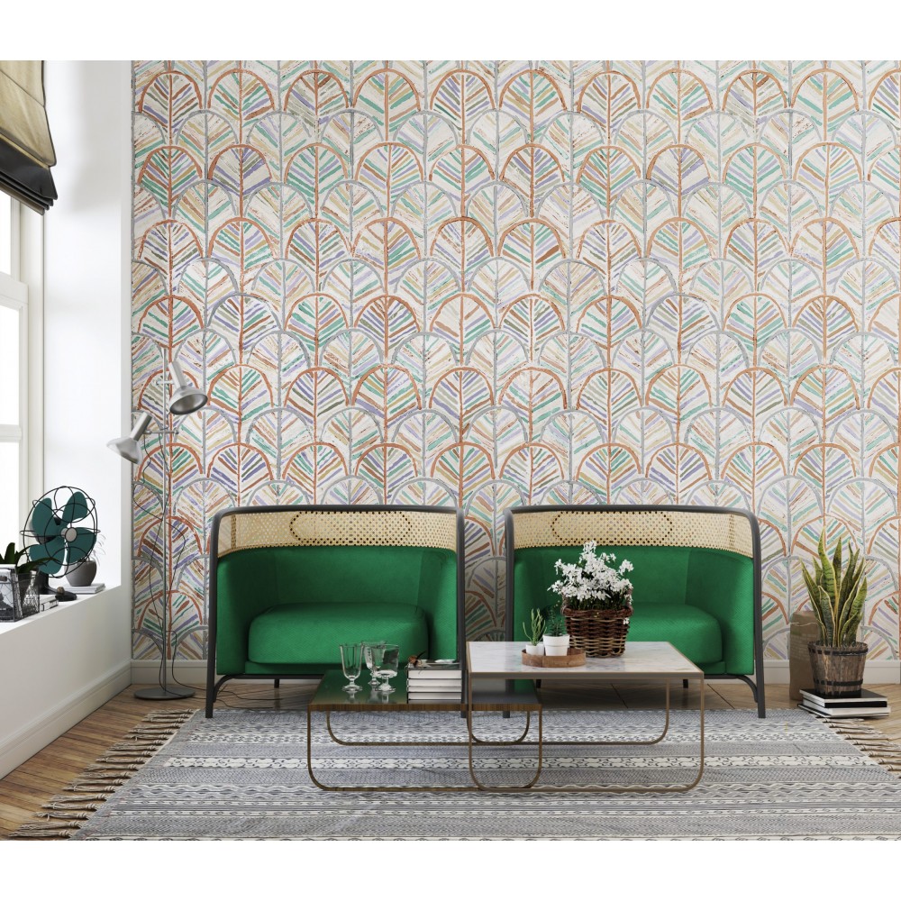 Eskitme Dokulu Yelpaze Yaprak Desenli ve Çok Renkli Duvar Kağıd
