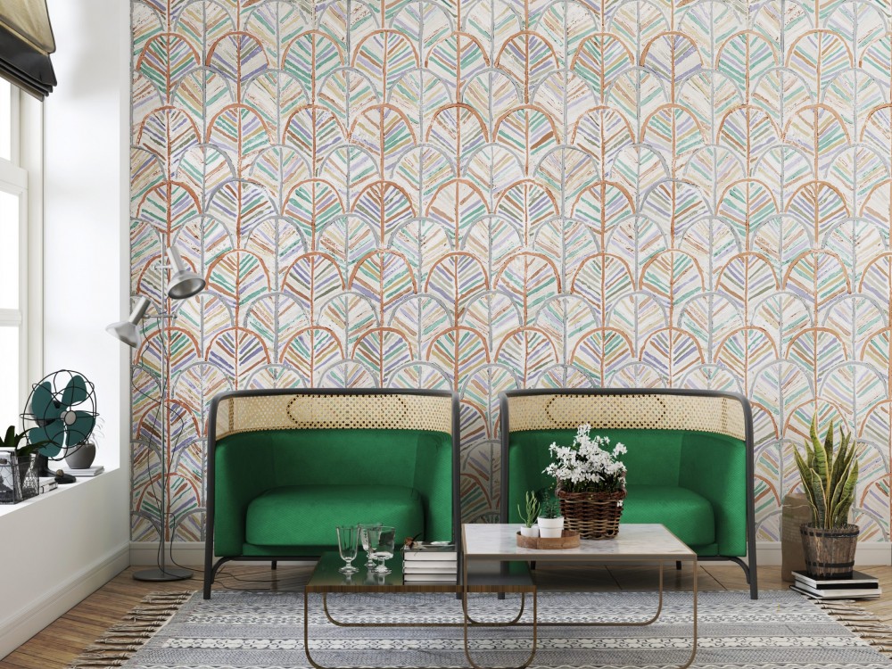 Eskitme Dokulu Yelpaze Yaprak Desenli ve Çok Renkli Duvar Kağıd