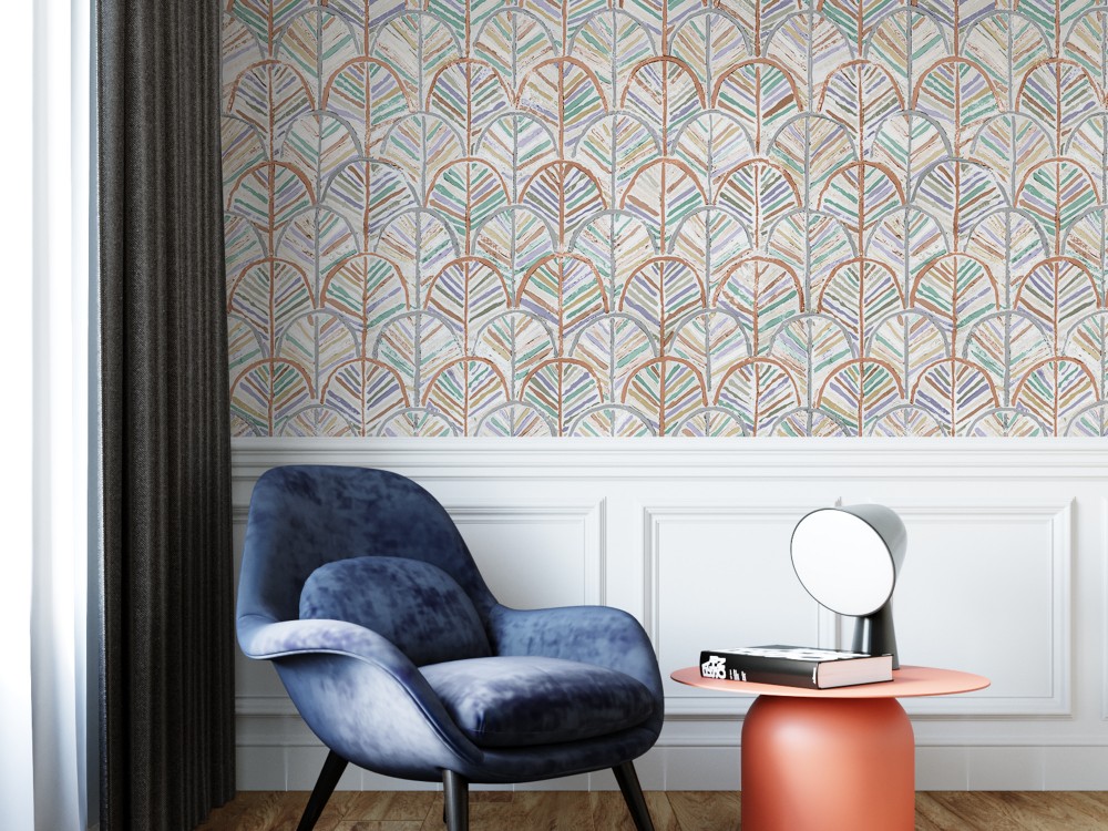 Eskitme Dokulu Yelpaze Yaprak Desenli ve Çok Renkli Duvar Kağıd