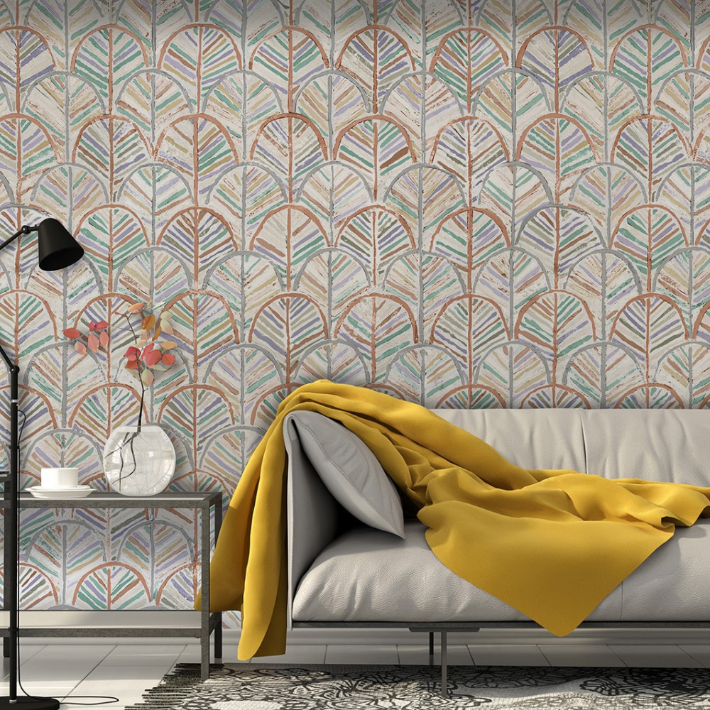 Eskitme Dokulu Yelpaze Yaprak Desenli ve Çok Renkli Duvar Kağıd