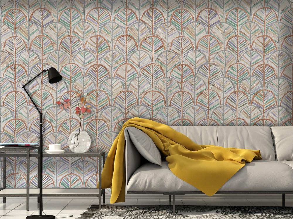 Eskitme Dokulu Yelpaze Yaprak Desenli ve Çok Renkli Duvar Kağıd