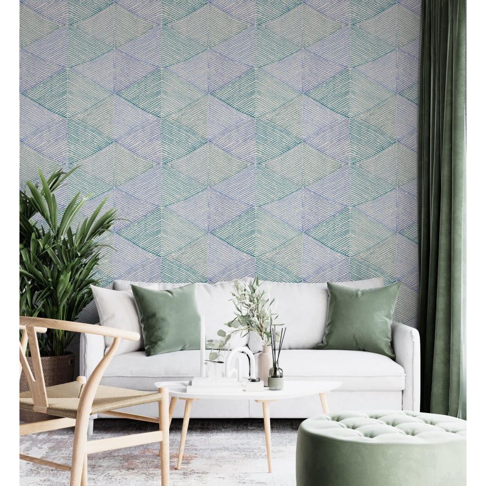 İnce Çizgisel Prizma Desenli ve Mavi-Yeşil Tonlu Modern Duvar Kağıdı