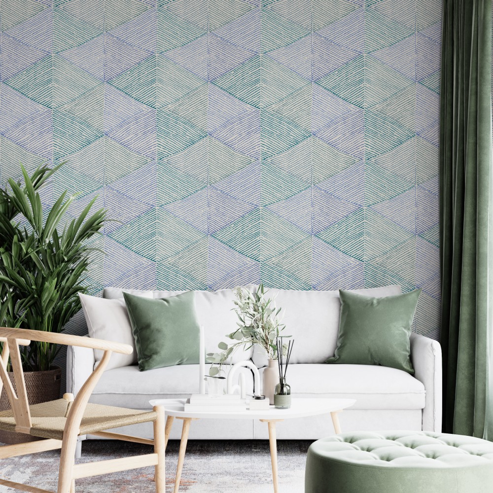 İnce Çizgisel Prizma Desenli ve Mavi-Yeşil Tonlu Modern Duvar Kağıdı