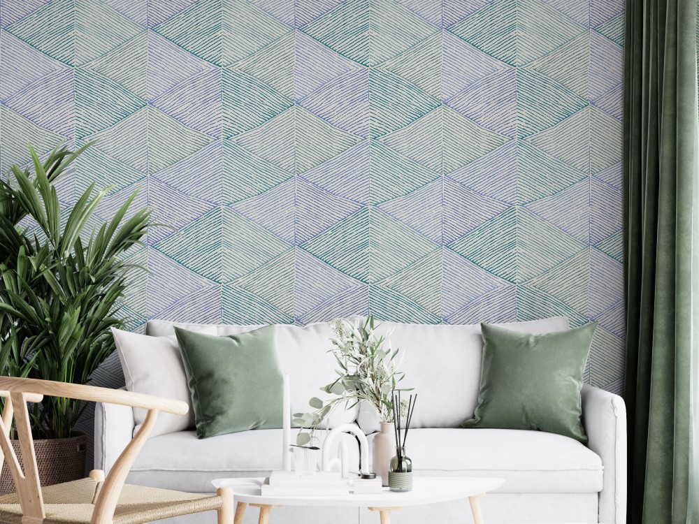 İnce Çizgisel Prizma Desenli ve Mavi-Yeşil Tonlu Modern Duvar Kağıdı