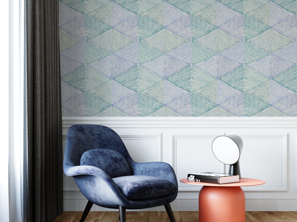 İnce Çizgisel Prizma Desenli ve Mavi-Yeşil Tonlu Modern Duvar Kağıdı