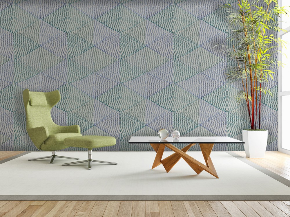 İnce Çizgisel Prizma Desenli ve Mavi-Yeşil Tonlu Modern Duvar Kağıdı